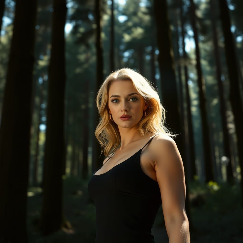 Statuesque Blonde Woman in Forest: 1950s Hollywood Aesthetic