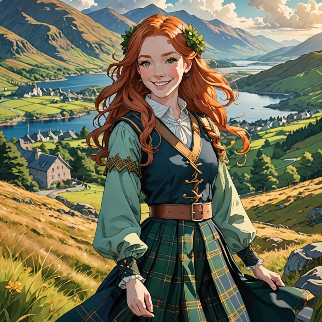 Scottish Girl in Highlands: Vibrant Manga Illustration