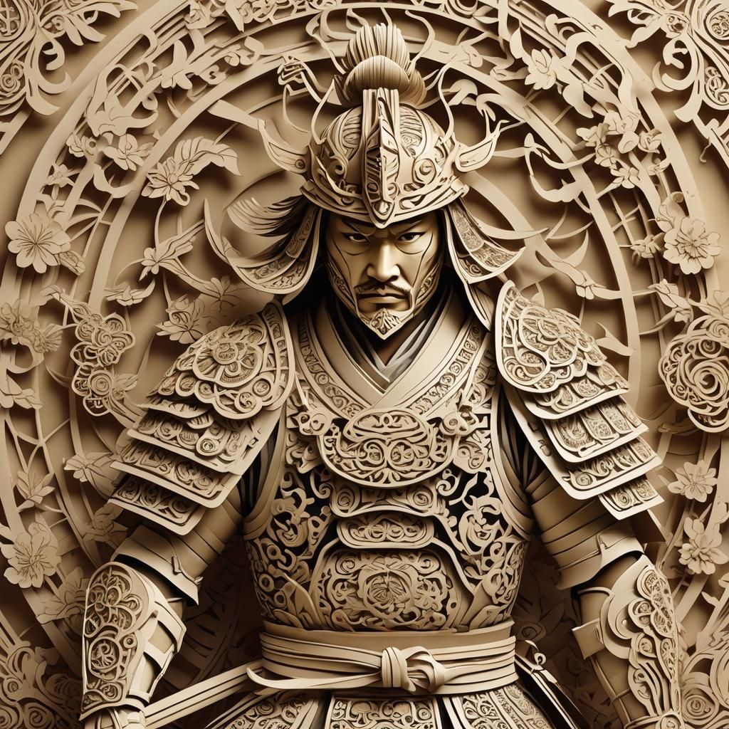 Samurai Warrior in Kirigami Style: Digital Art