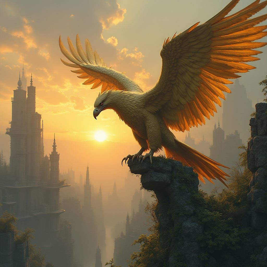 Golden Griffin Perched Atop Forgotten City Spire