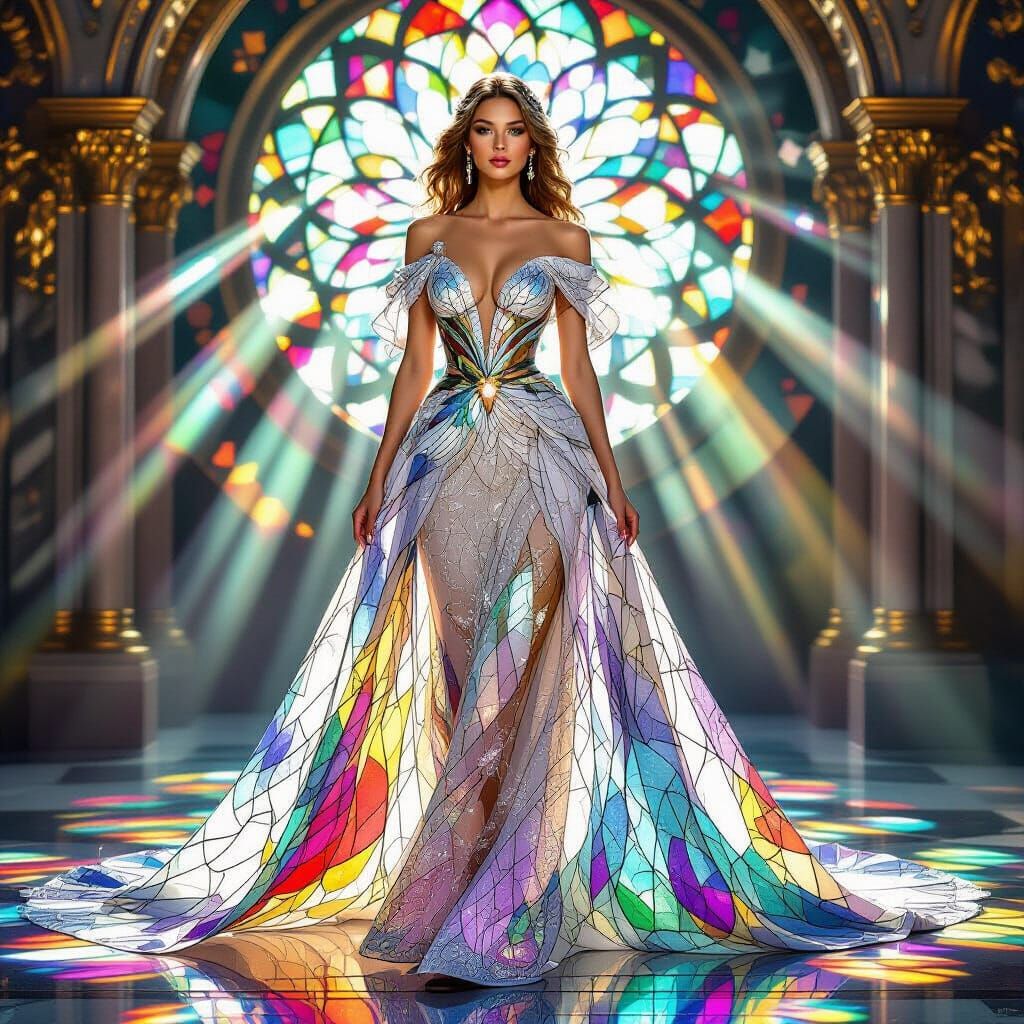 Woman in Ethereal Stained Glass Celestial Gown