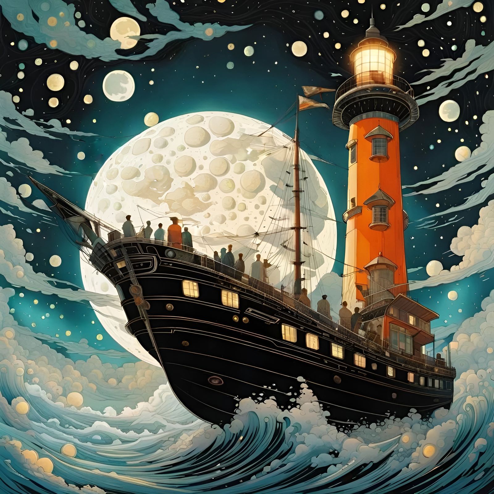 Surreal Lighthouse and Flying Ship Illustration