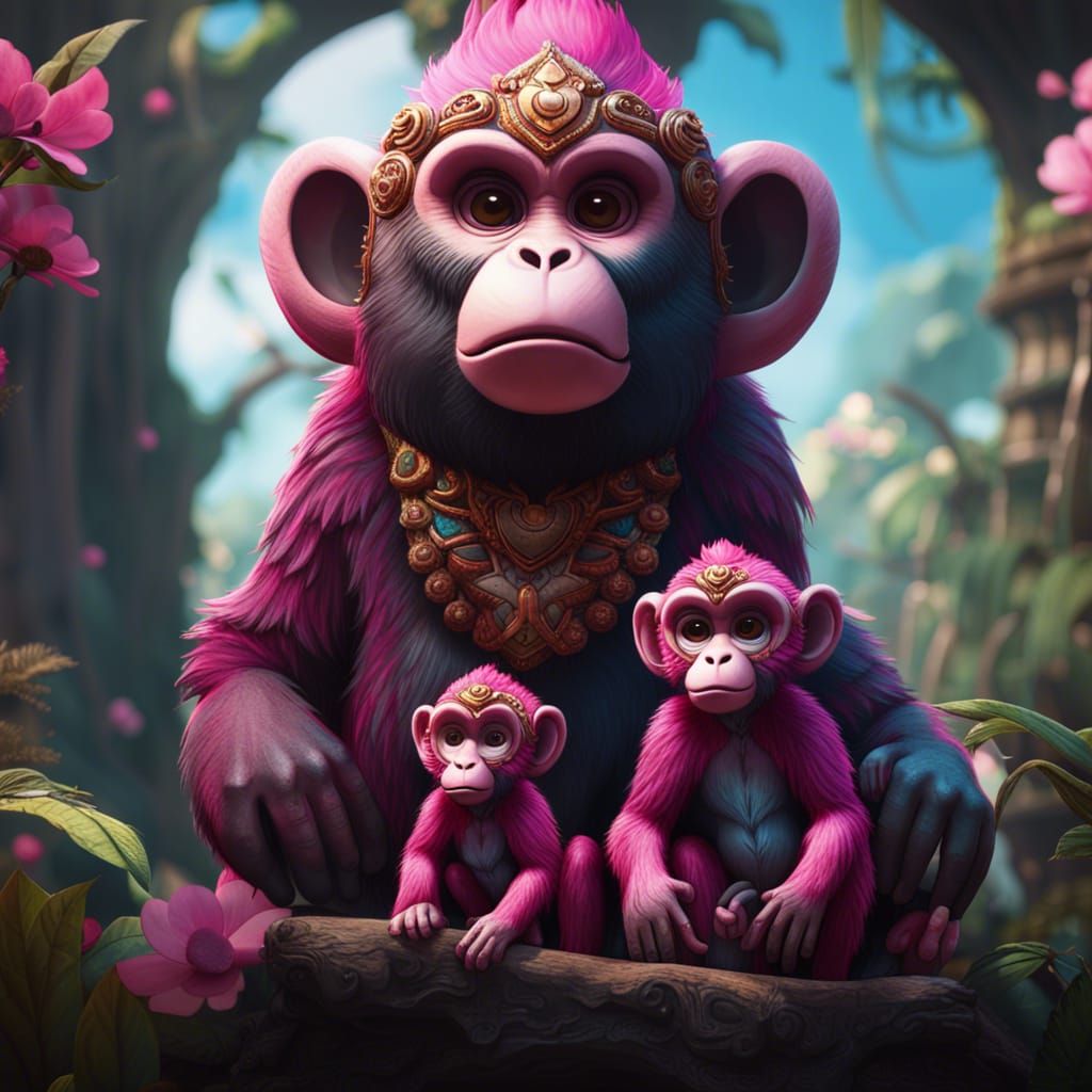 Monkey Totem with Mother and Babies: Detailed Matte Painting