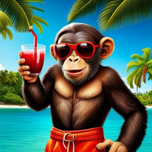 Baby Chimp on Vacation in Splash Art Style
