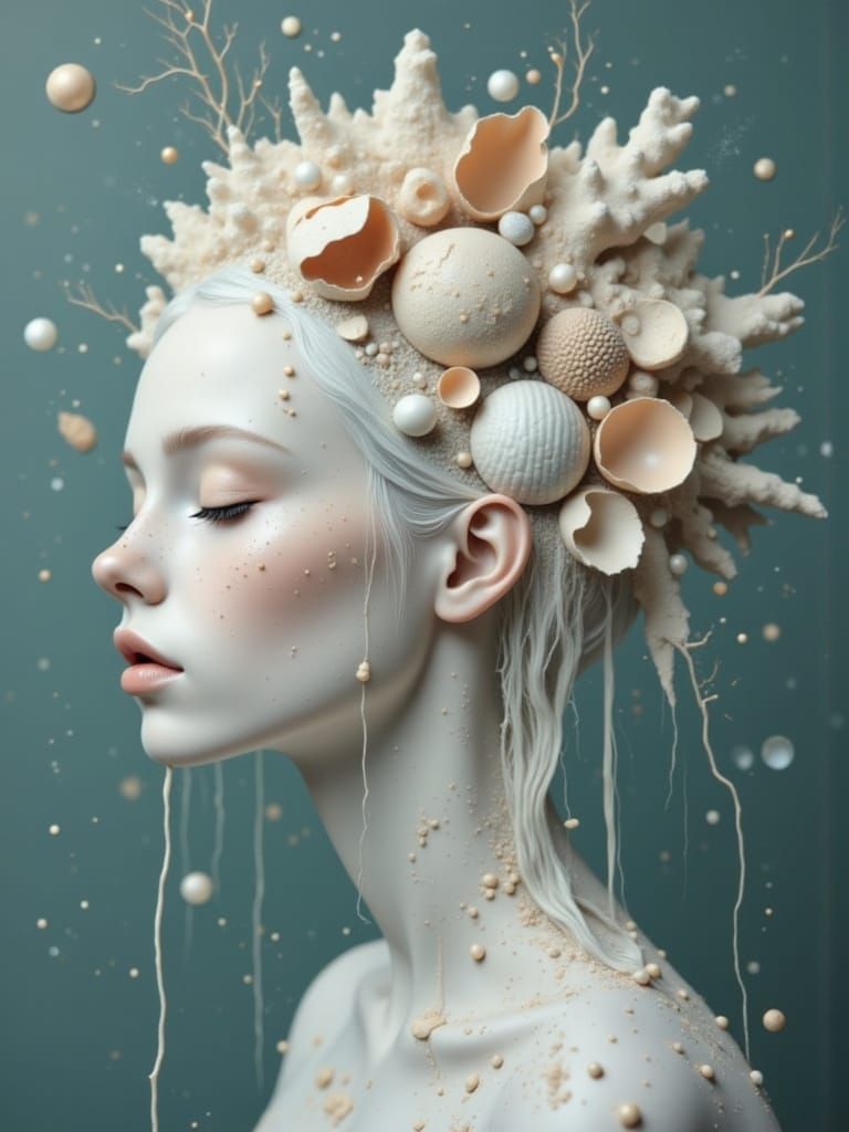 Ethereal Portrait of a Surreal Woman with Marine Headdress