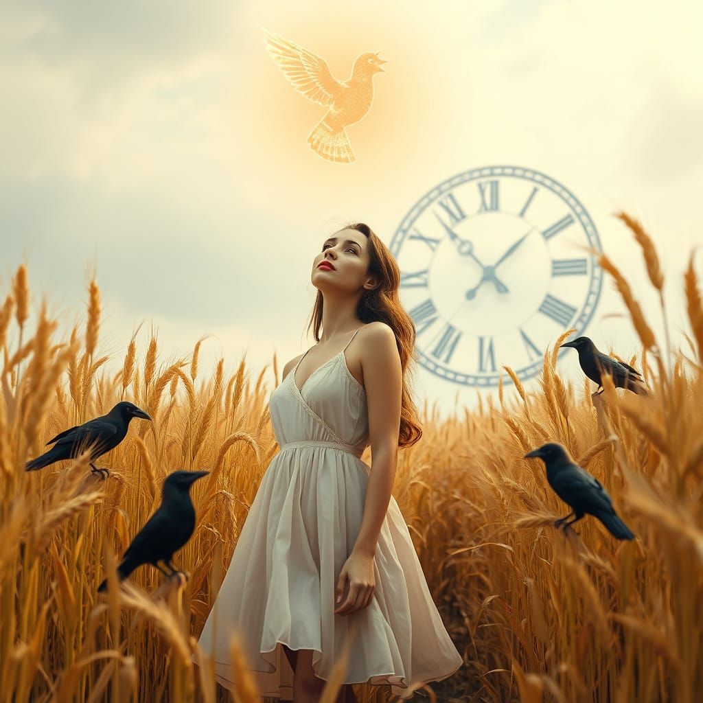 Dreamlike Golden Wheat Landscape with Whimsical Elements