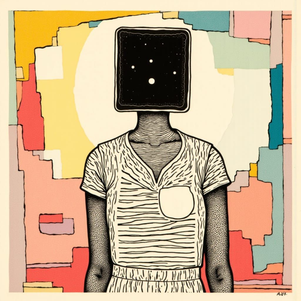 Minimalist Linocut Portrait of Abstract Figure with Pop-Tart...