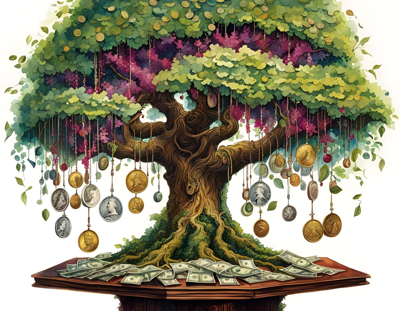 Folk Art Money Tree with Coins and Bills