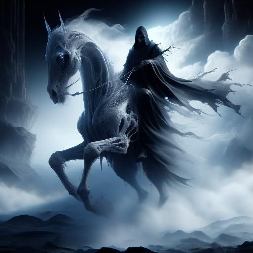Grim Reaper Rides Spectral Horse in Ruined City