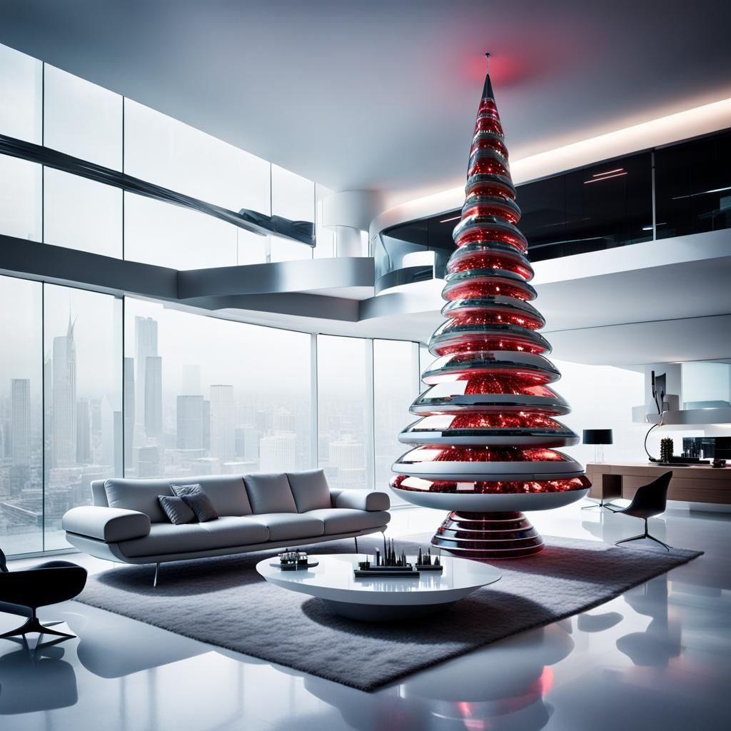 Futuristic Christmas Tree in Modern Living Room