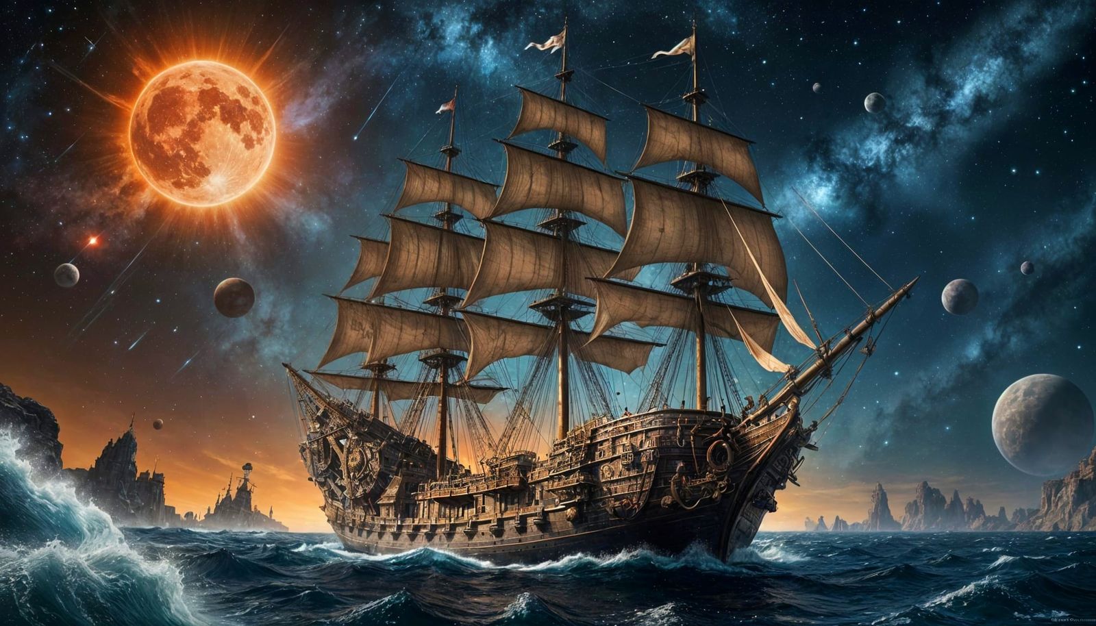 Galleon in Space Among Stars - Fantasy Concept Art