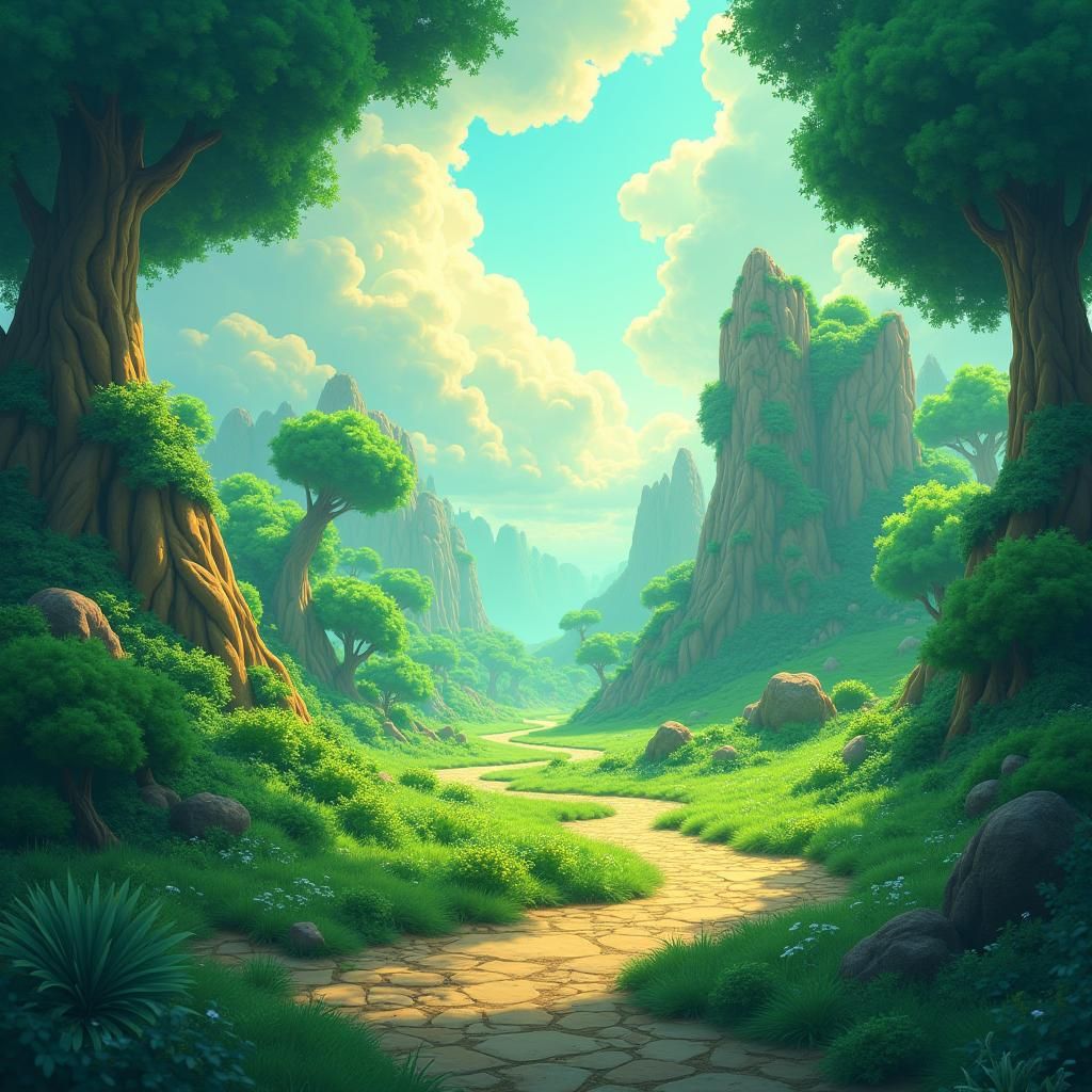 Emerald Green Fantasy Landscape in Matte Painting Style