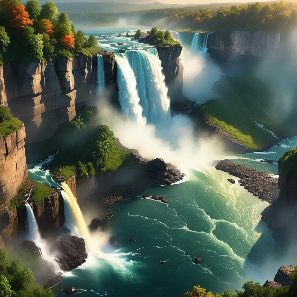 A Photorealistic Niagara Falls in Breathtaking Golden Hour L...