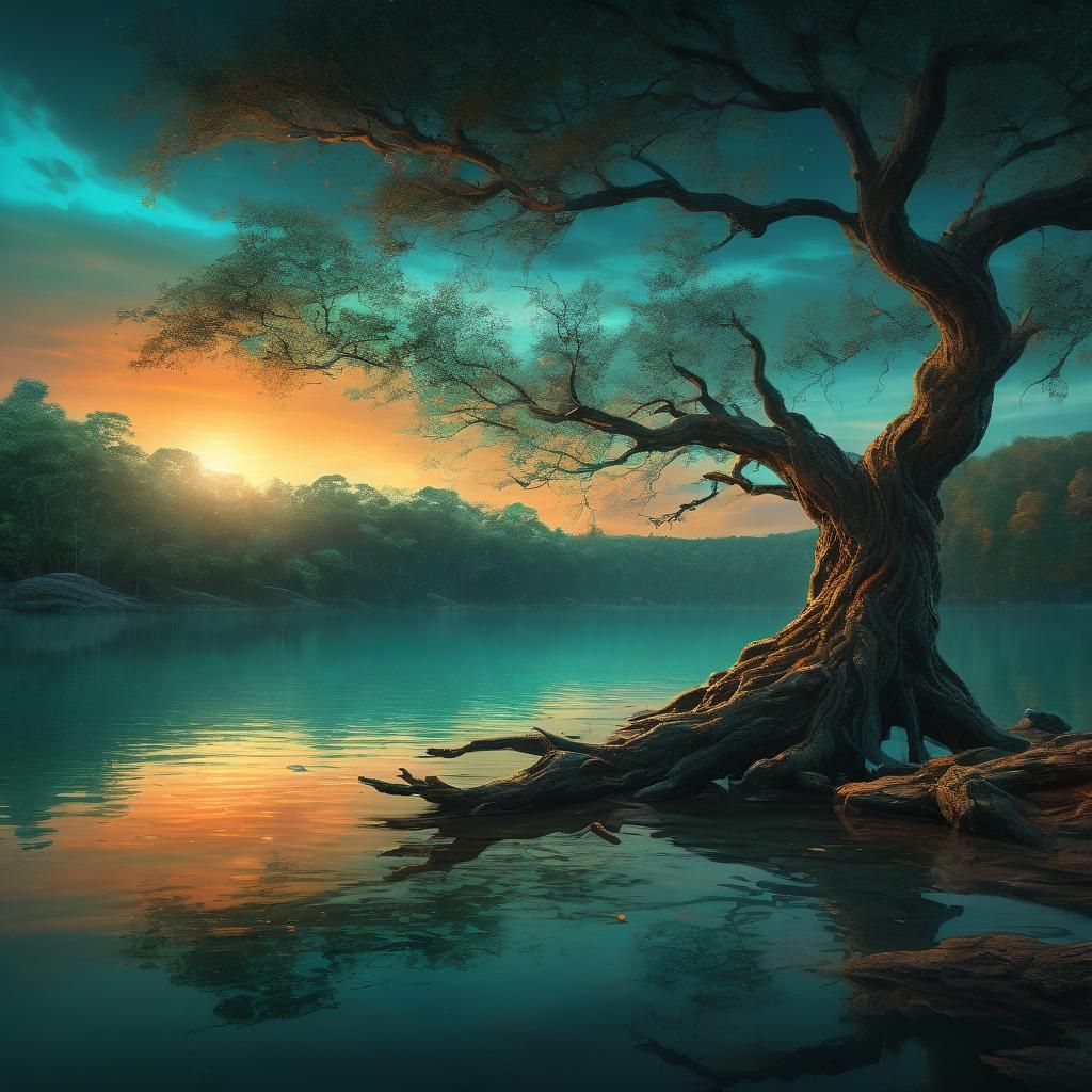 Mystical Lakeside Scene with Glowing Aura: Matte Painting