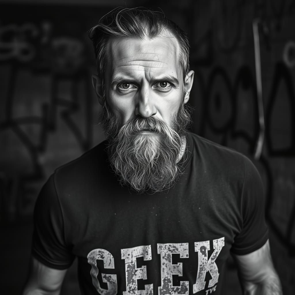 Contemplative Biker Portrait in High-Contrast Black and Whit...