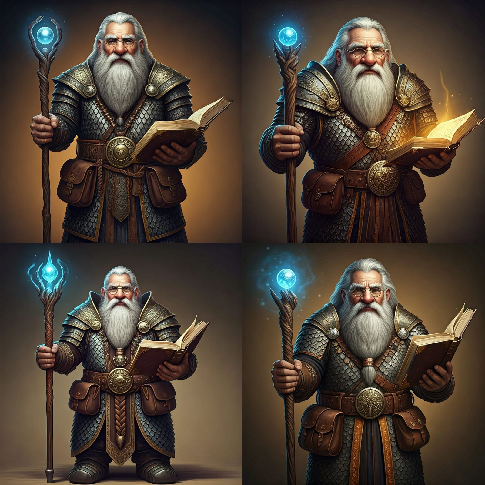 Dwarf Mage with Runes, Staff and Book in Fantasy Style