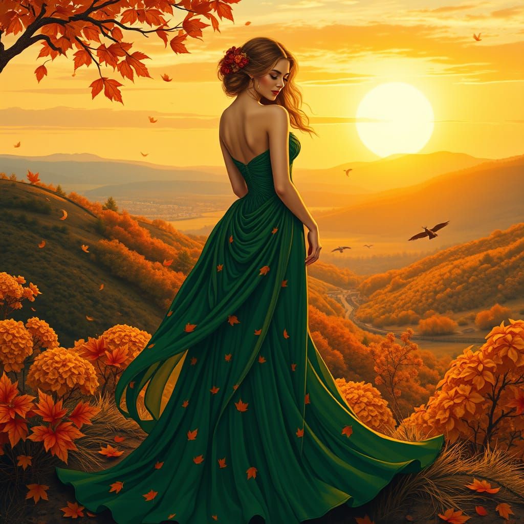 Woman in Flowing Dress at Autumn Equinox Sunset