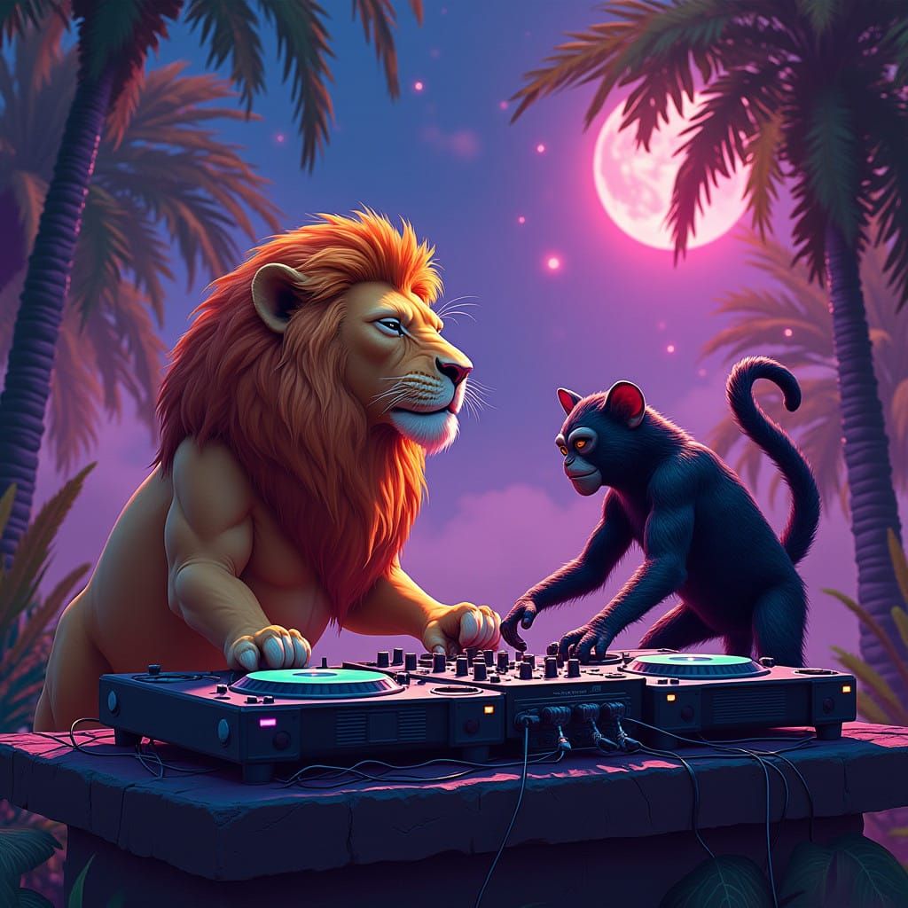 Cyberpunk DJ Scene with Whimsical Animals