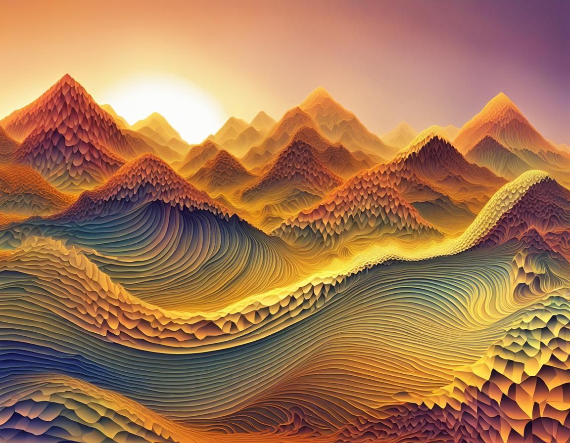 Serene Mountain Sunset in Digital Fractal Art