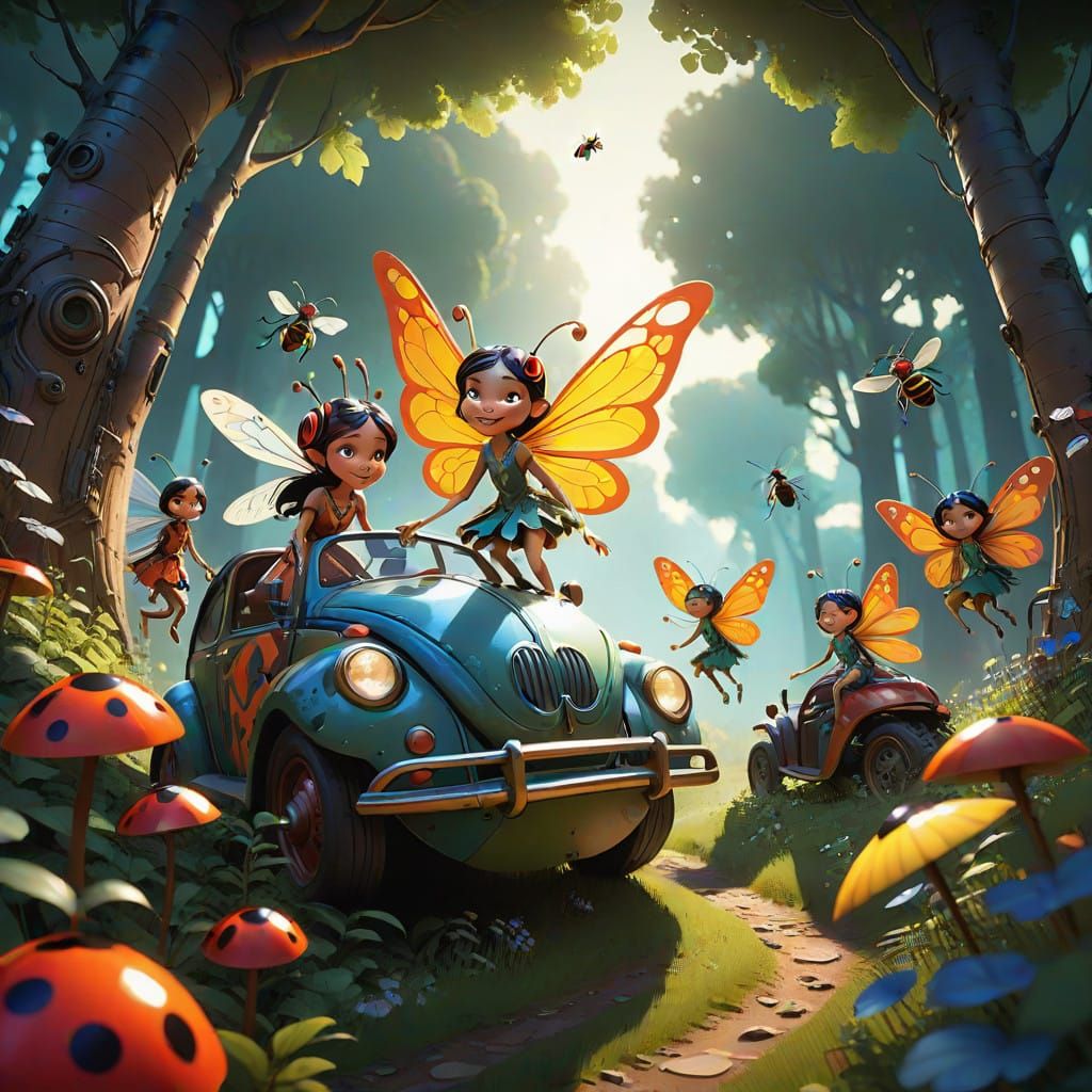 Whimsical Pixies Racing Insects in Vibrant Meadow Scene
