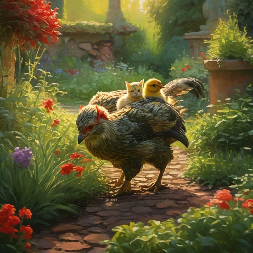 Cats Hugging Chicks in Garden, Expressionist Gouache