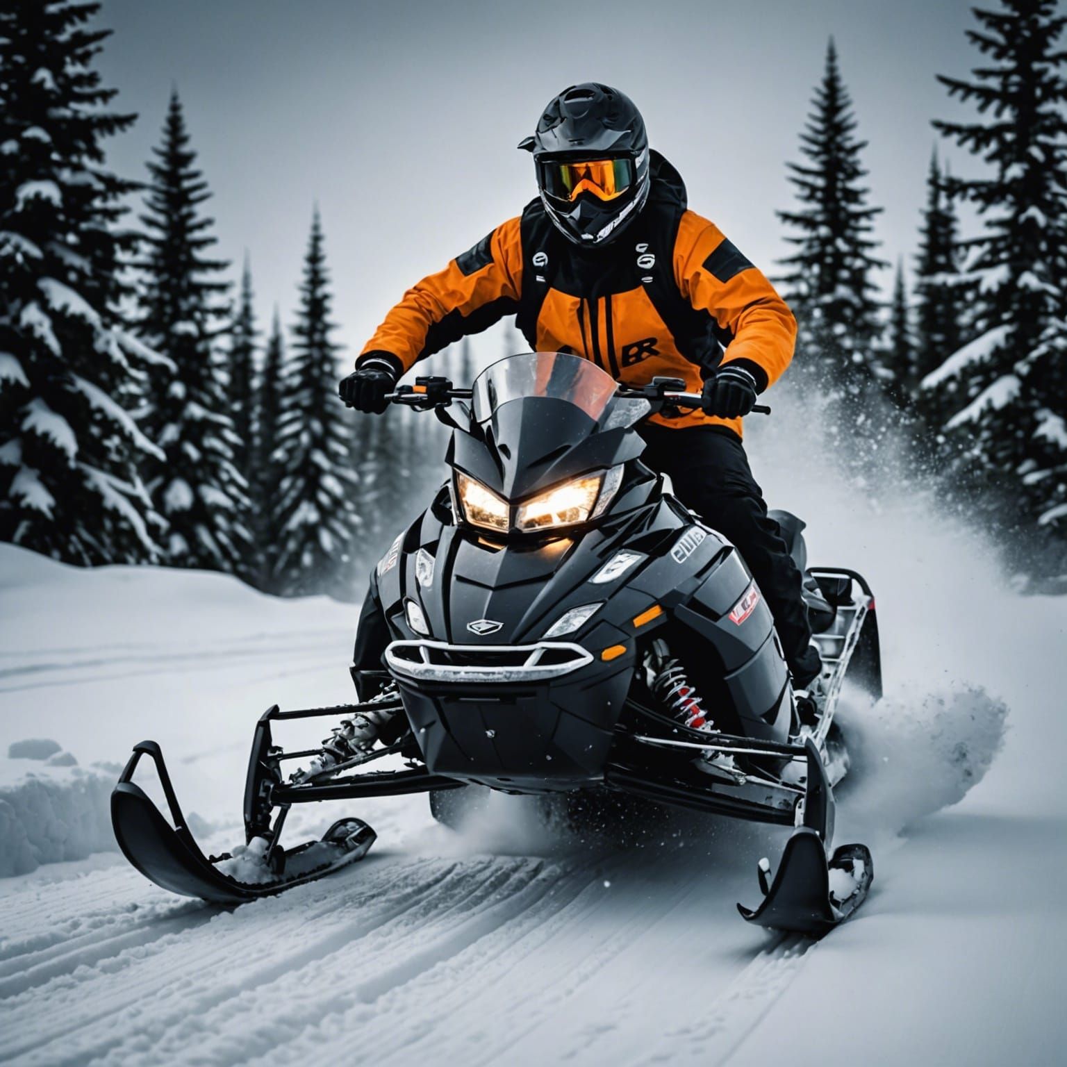 Snowmobile Rider in Deep Snow, Hyperrealistic Style