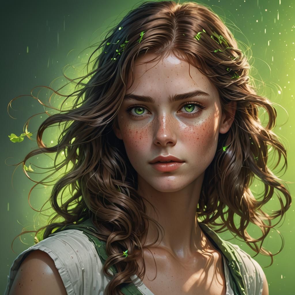 Woman with Flowing Brown Hair, Art Nouveau Portrait