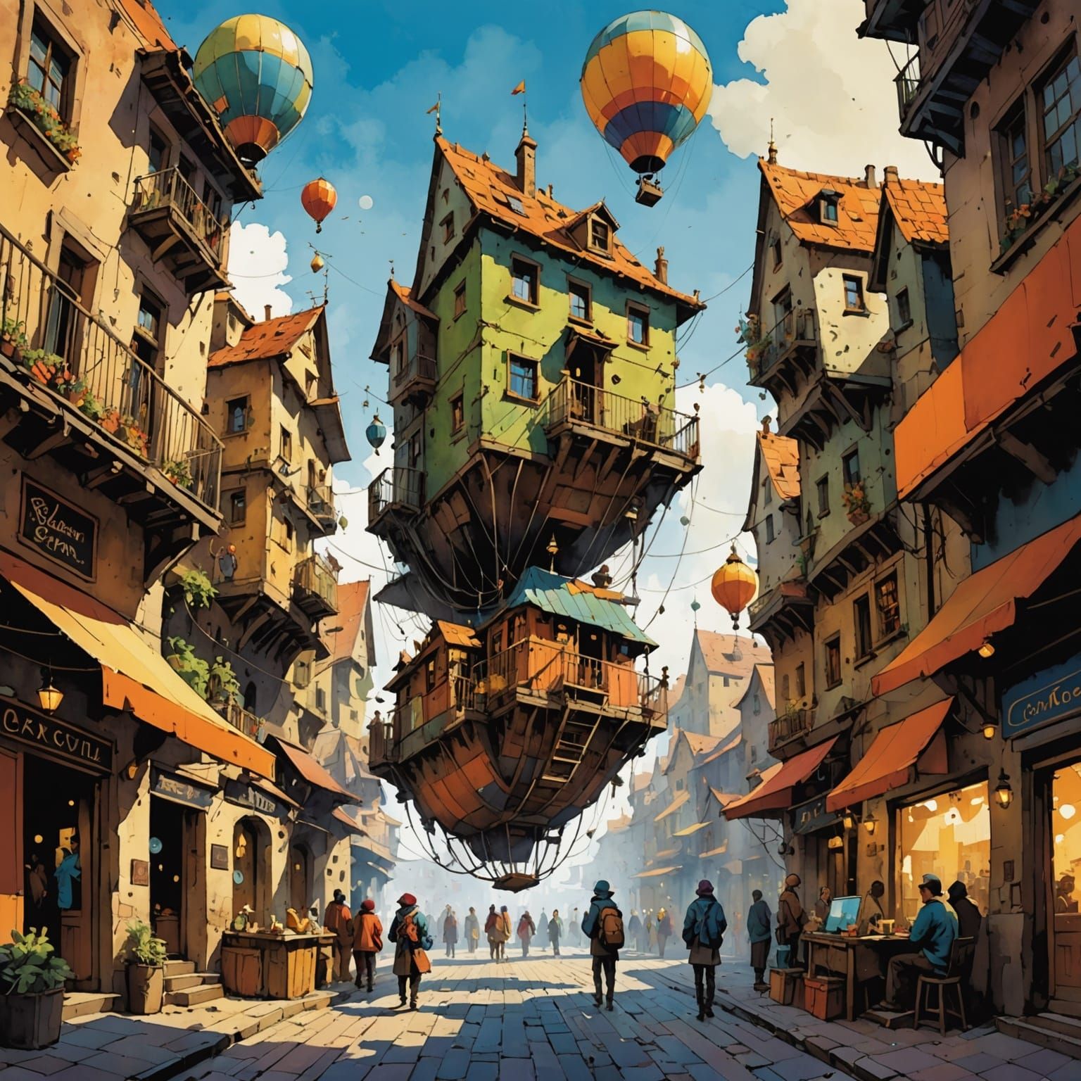 Floating City Bazaar Watercolor Fantasy Illustration