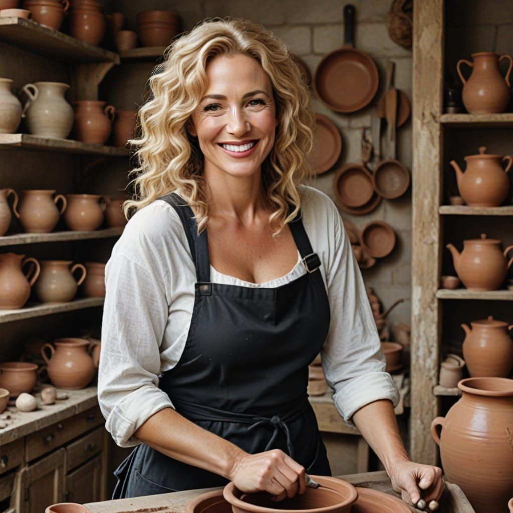 Sexy Potter Woman with Curly Blonde Hair and Large Bosom