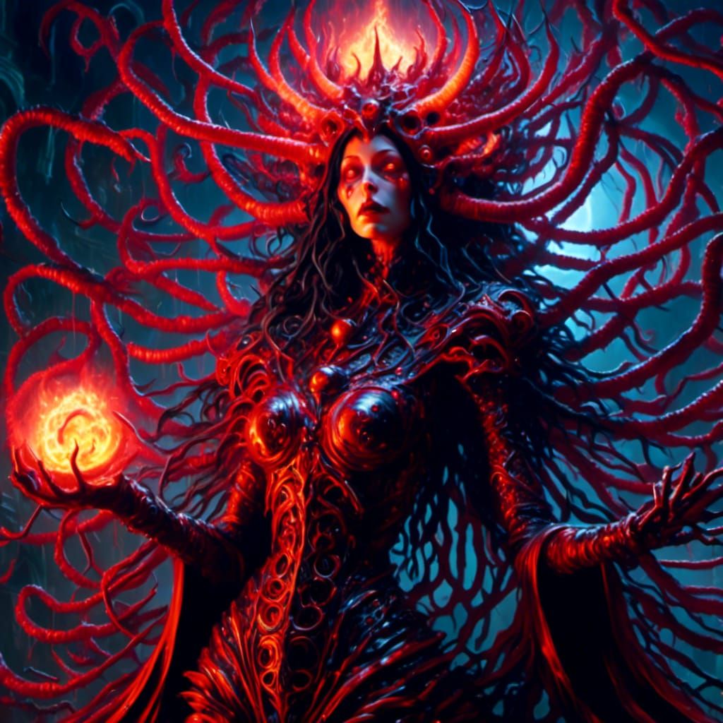 Sorceress Summoning a Cosmic Horror in Oil Paint