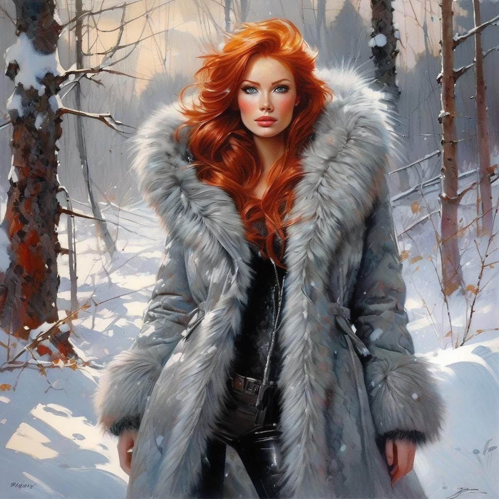 Red-Haired Princess in Snowy Woods, Digital Art