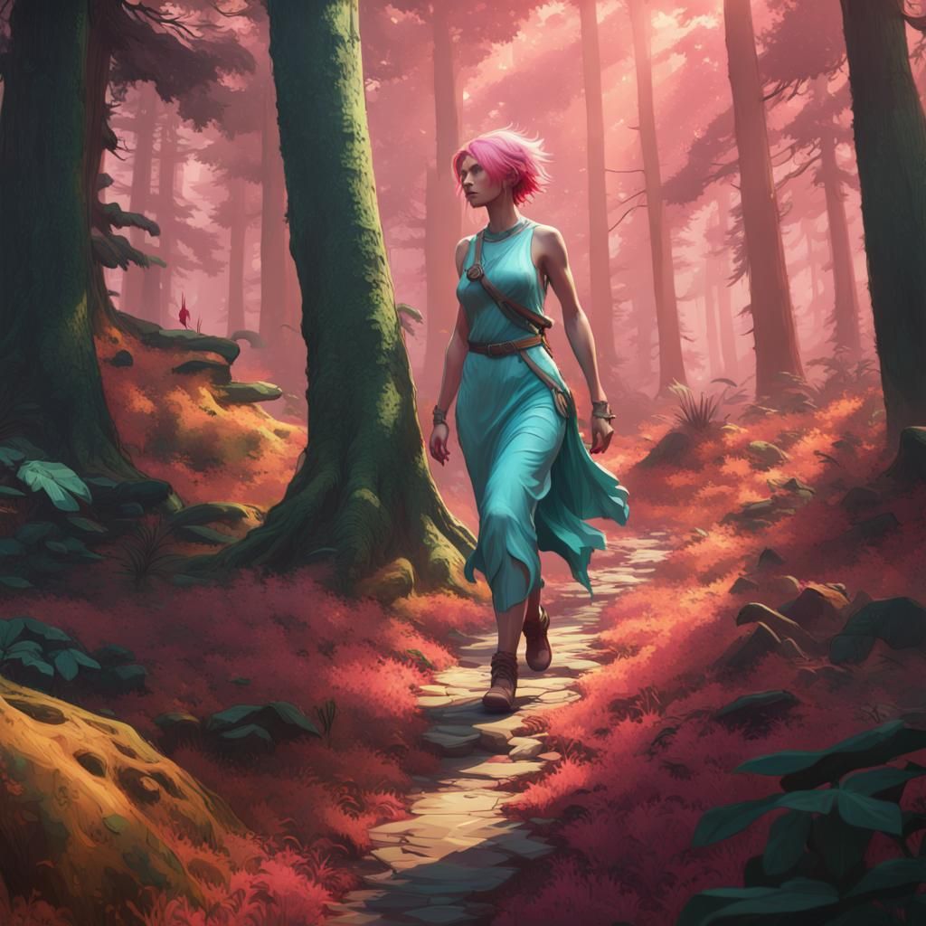 Pink-Haired Woman in Hyperdetailed Forest Art
