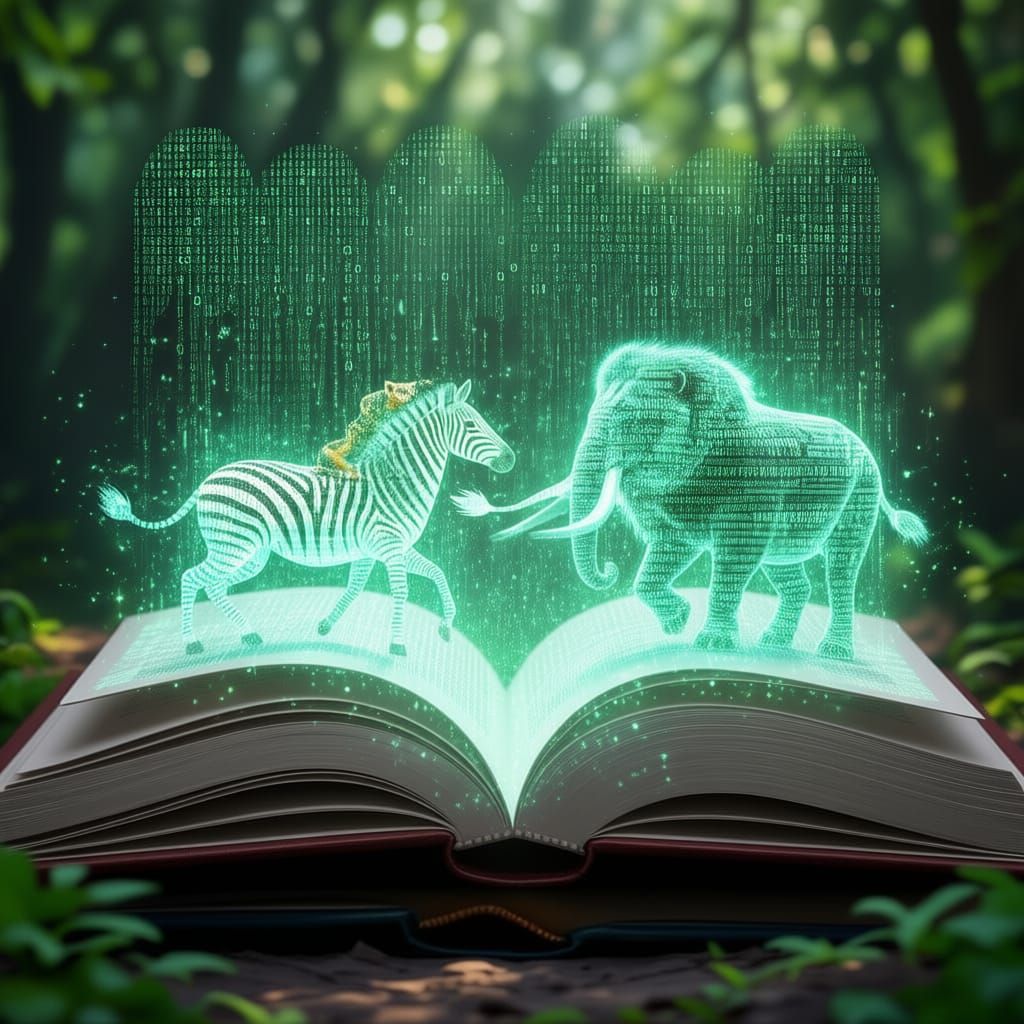 Iridescent Binary Code Forest Emerging From Open Book