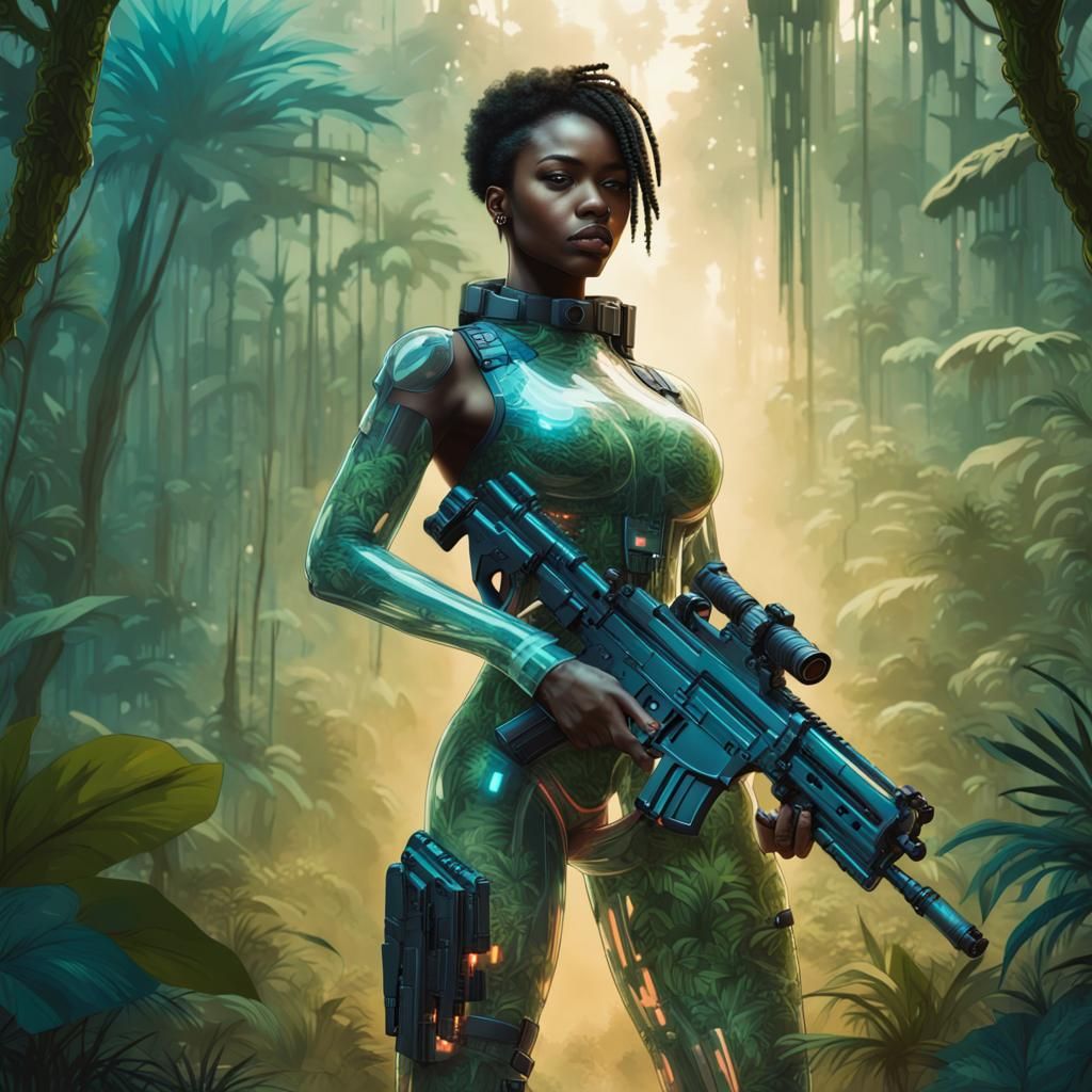 Futuristic Warrior in Jungle, Cyberpunk Art