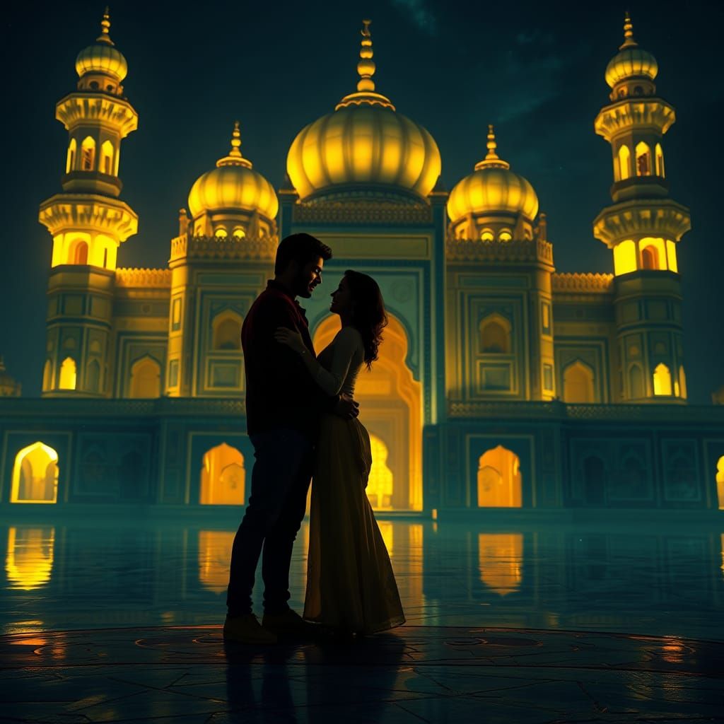 Romantic Couple at Taj Mahal in Fantasy Art Style