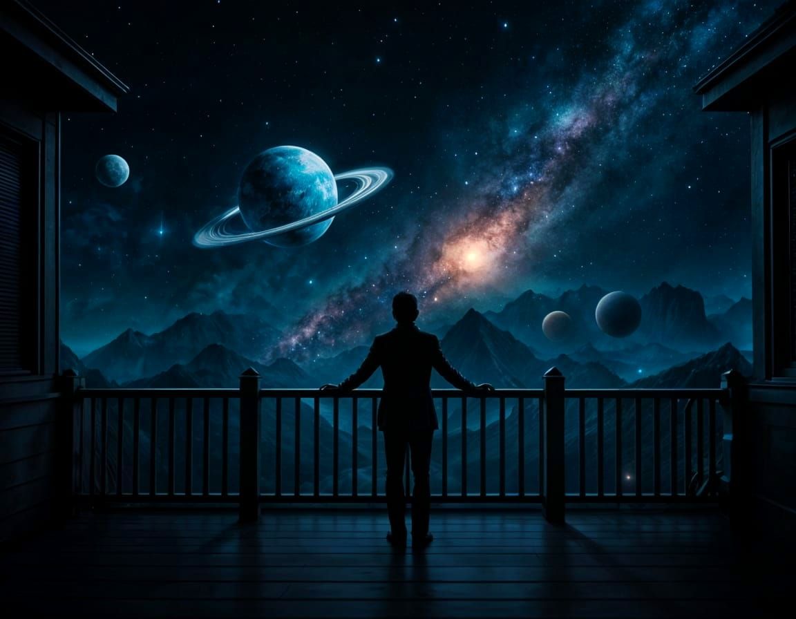 Man Gazes at Universe from Porch
