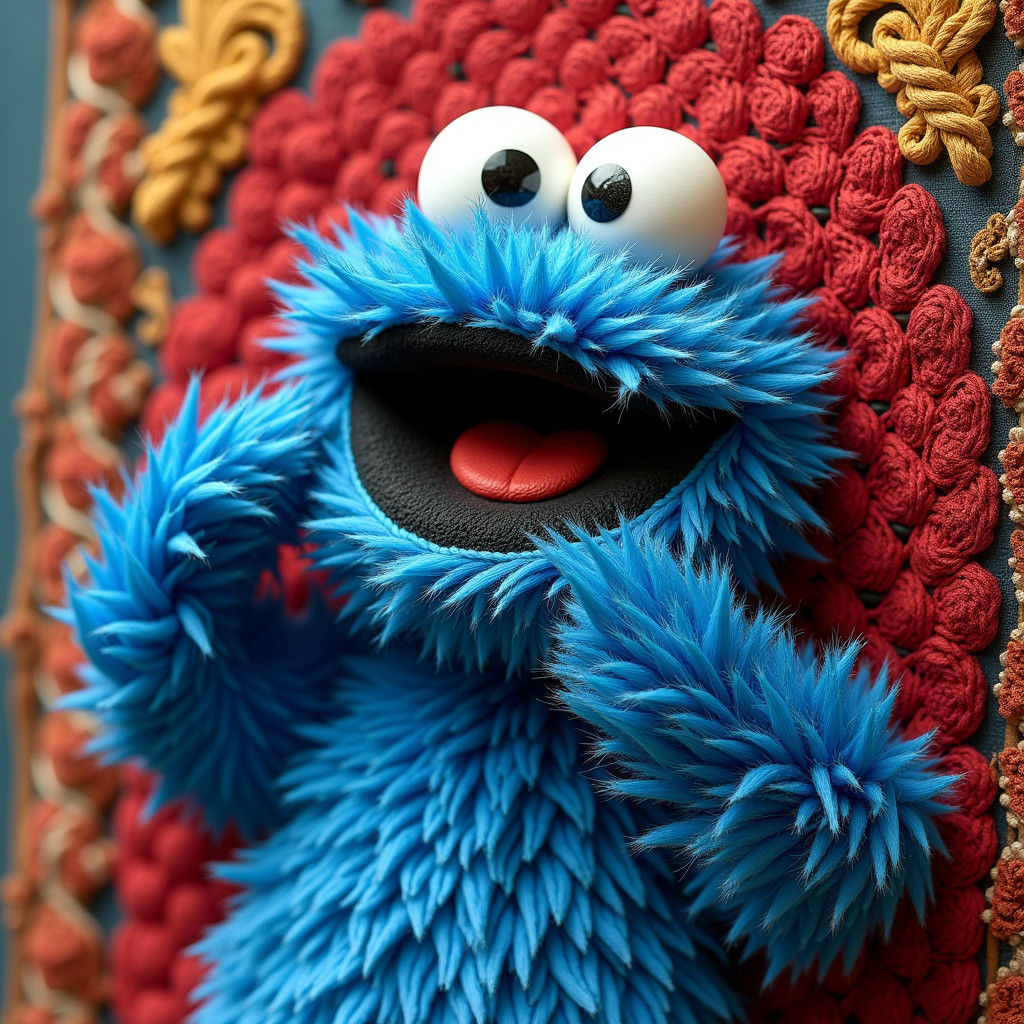 Hyperrealistic 3D Embroidered Cookie Monster in 8K UHD