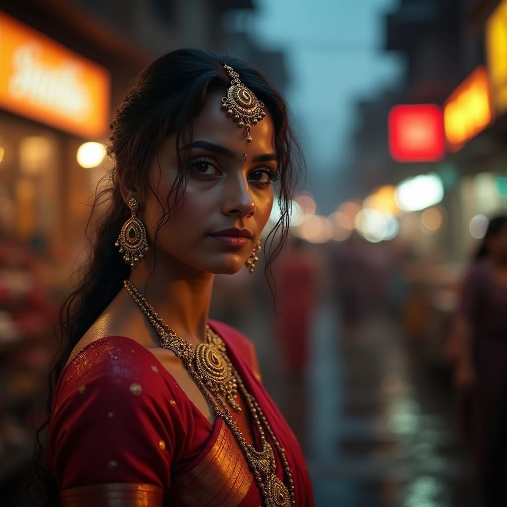 Indian Woman in Traditional Attire at Rainy Market