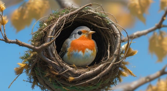 Proud Robin in Nest as Impressionist Oil Painting