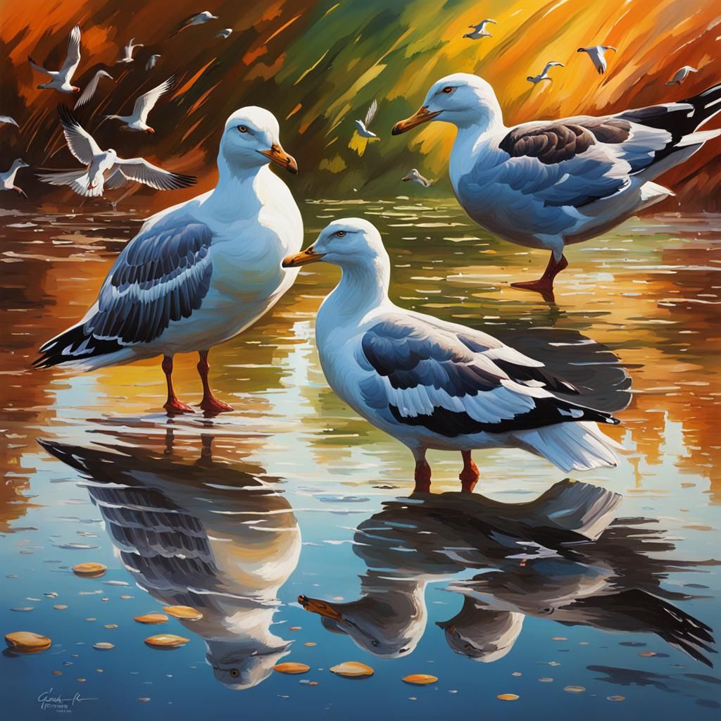 Hyperrealistic Pond Scene with Waterfowl