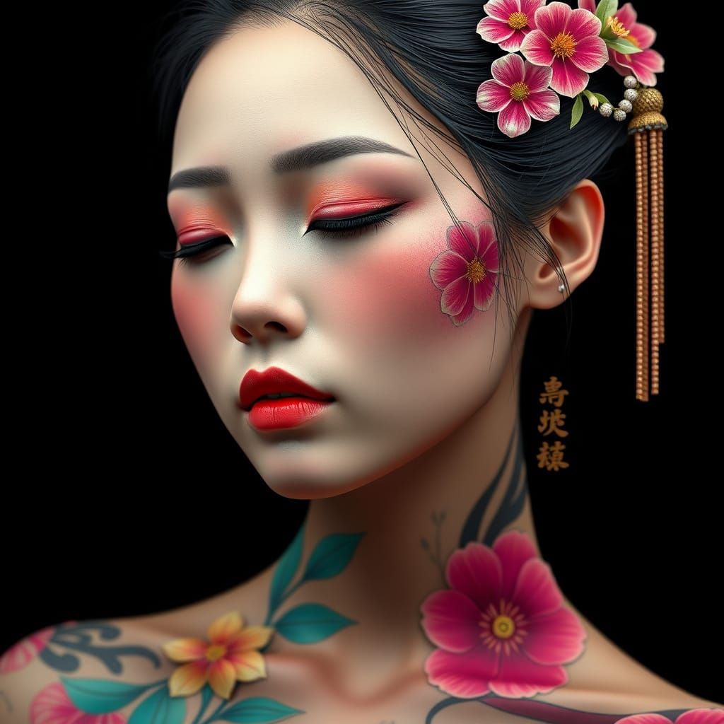 In this ultra-realistic 3D render, a stunning Japanese woman...