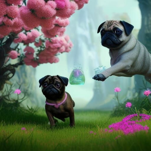 Playful Pugs in a Flower Garden: Detailed Matte Painting