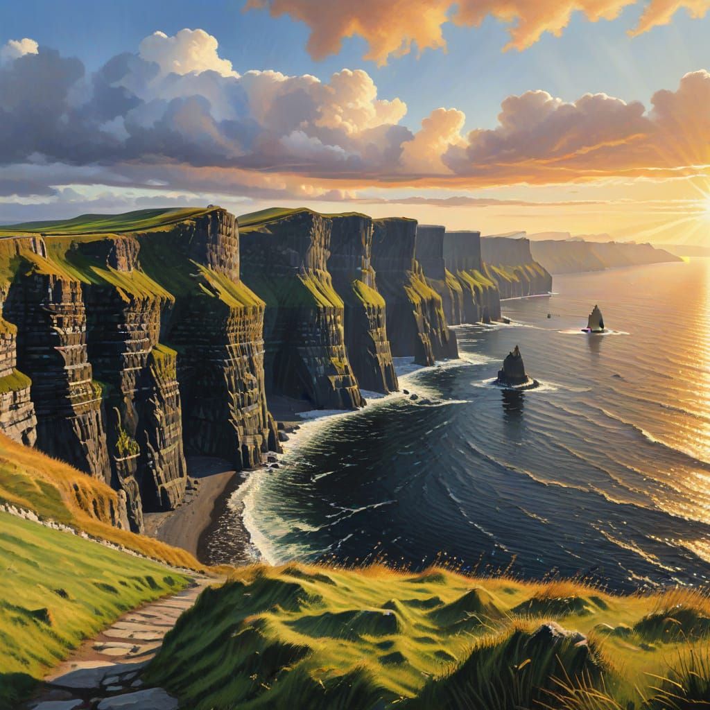 Vibrant Gouache Painting of Ireland's Cliffs of Moher in Gol...