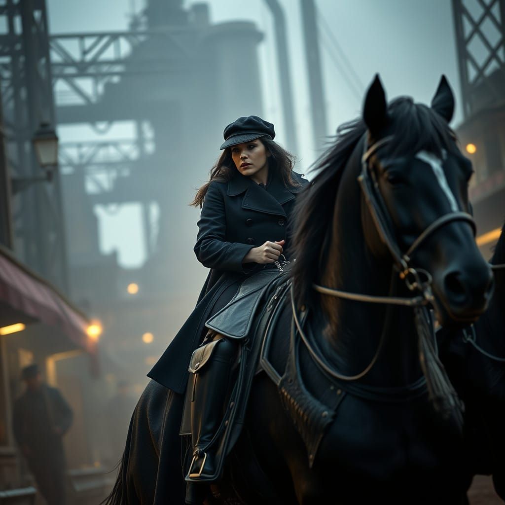 Mysterious Woman on Horseback in Gritty Industrial Birmingha...