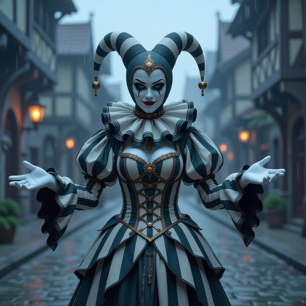 Grey Lady Jester in Elaborate Harlequin Costume