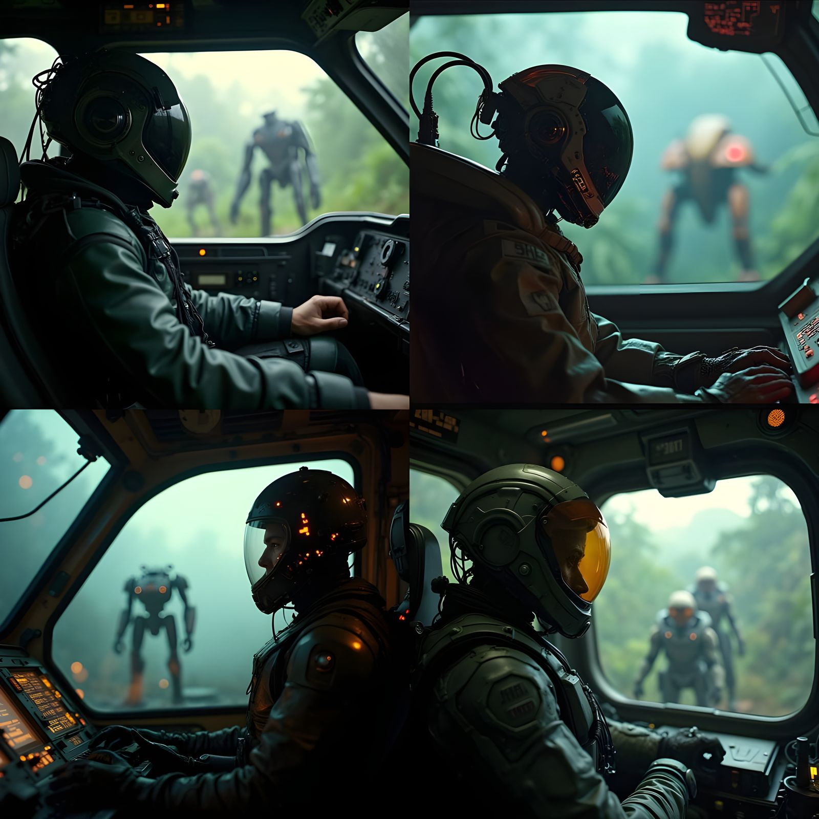 Mech Pilot in Jungle Cockpit, Cinematic Film Still