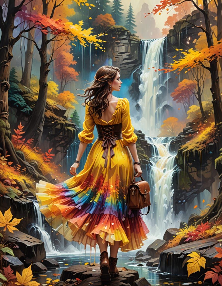 Steampunk Traveler in Autumn Forest Oil Painting