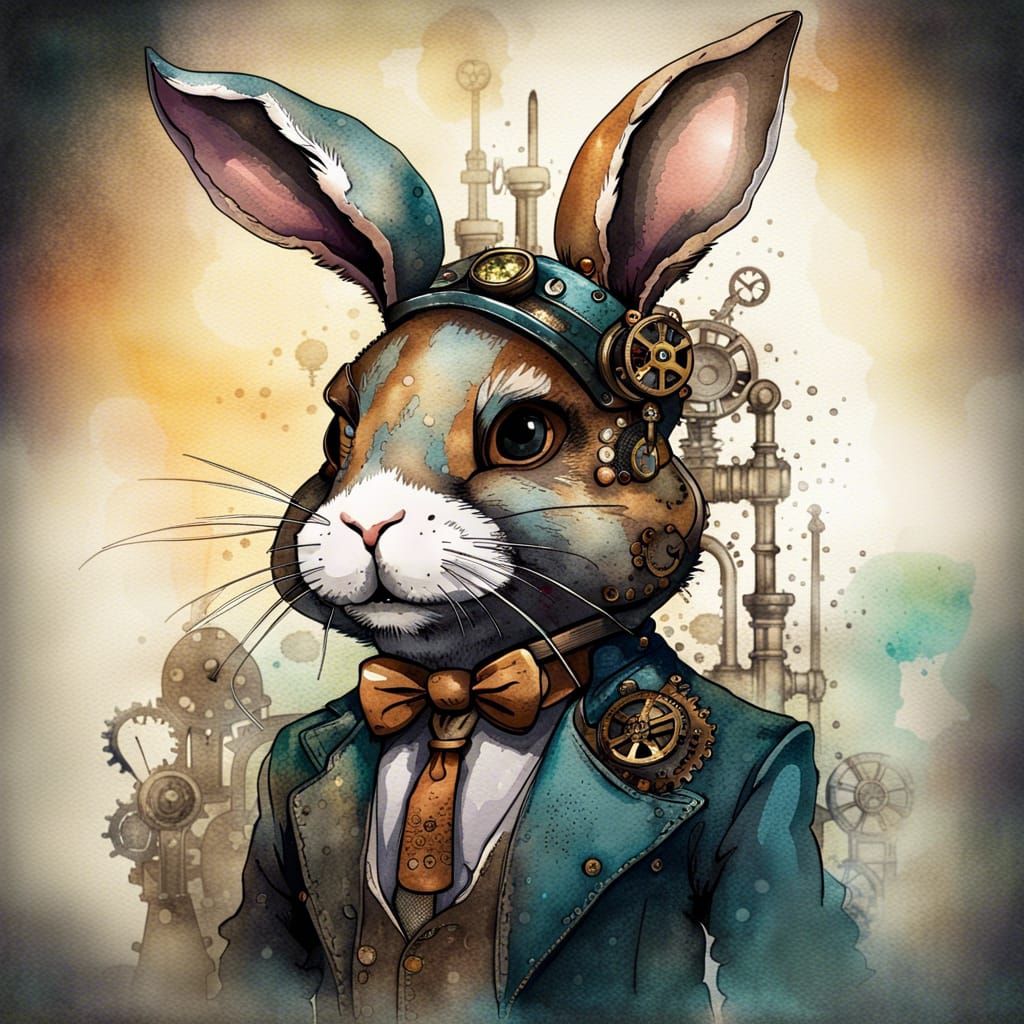 Steampunk Bunny in Watercolor Inkblot Style