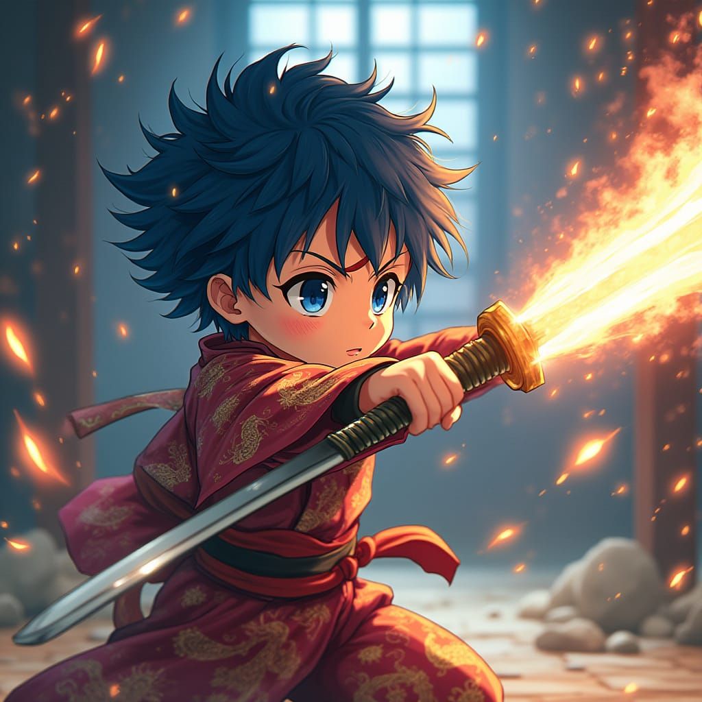 Child Warrior in Kimono Fights Demon Slayer Character