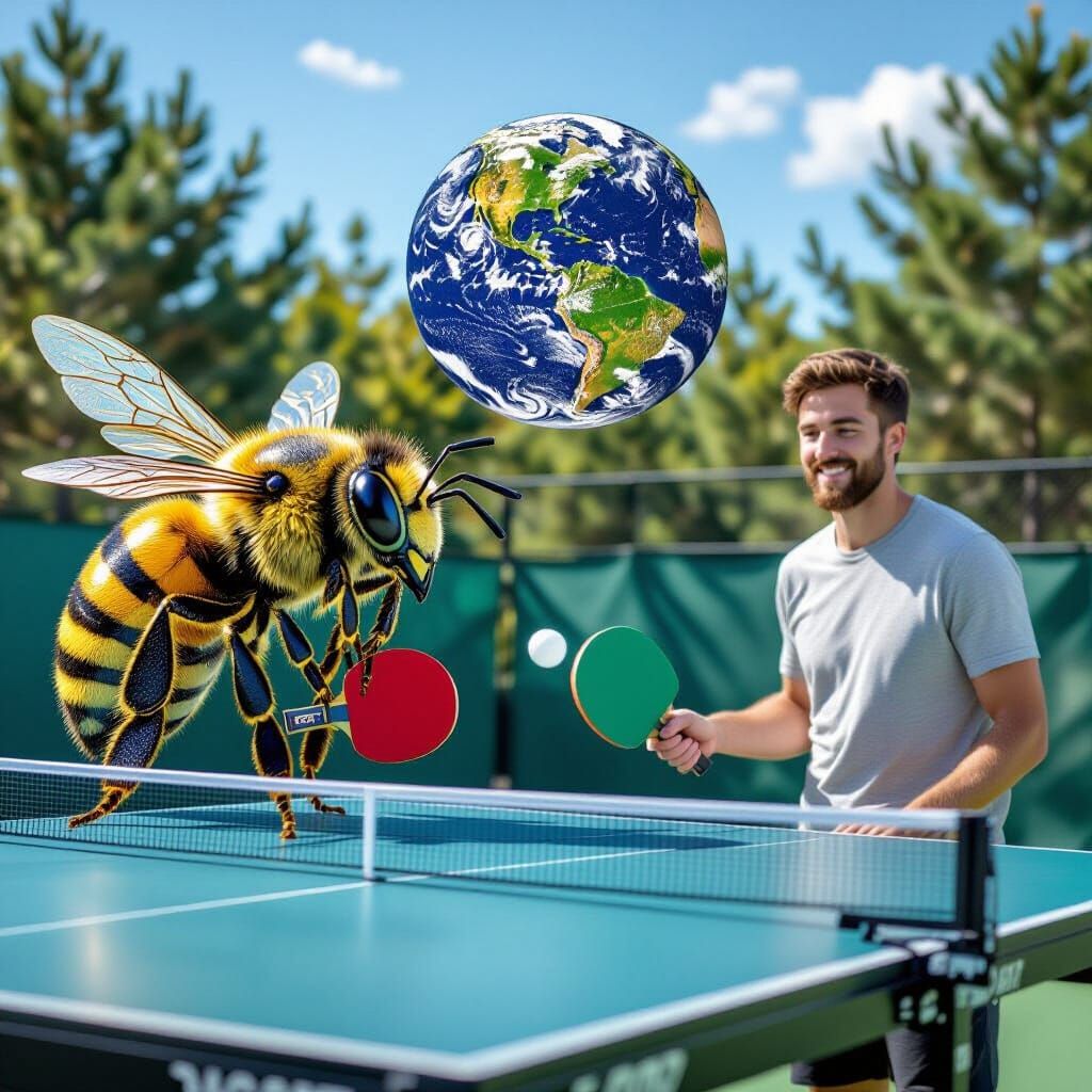 Giant Bee Plays Ping Pong in Lush Landscape